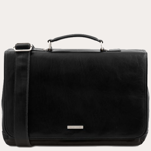 Tuscany Leather Black Multi Compartment TL SMART Briefcase with Flap