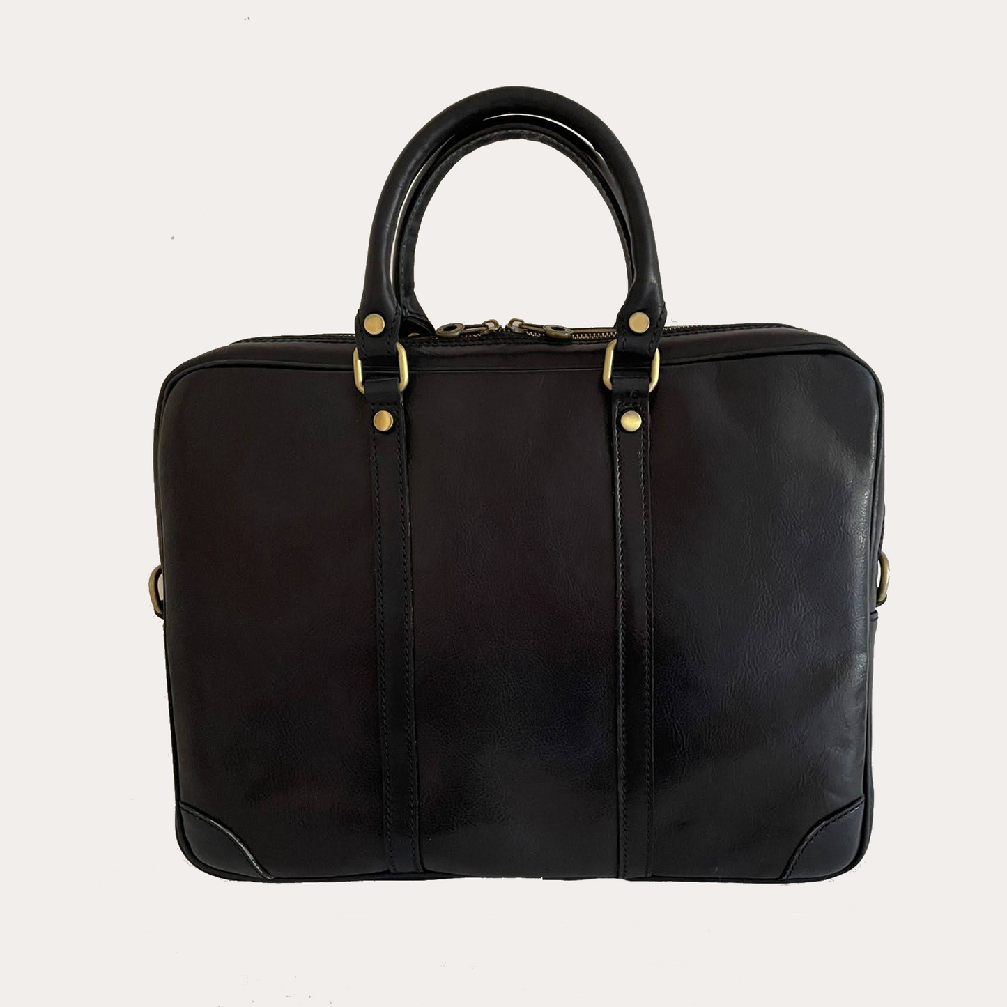 Navy Vegetable Tanned Leather Zip Top Briefcase