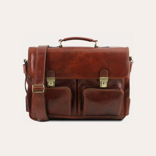 Tuscany Leather Brown Leather Multi Compartment Briefcase with Front Pockets