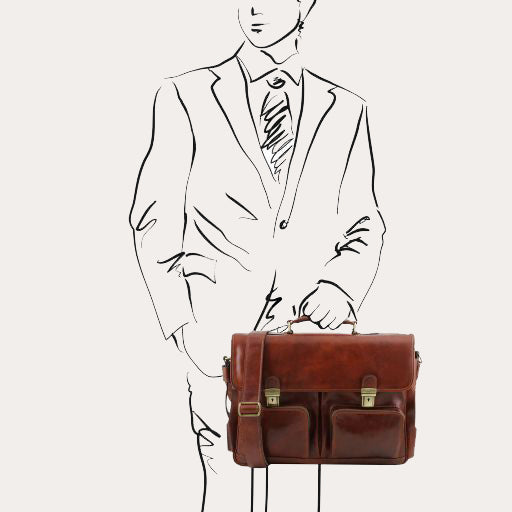 Tuscany Leather Brown Leather Multi Compartment Briefcase with Front Pockets