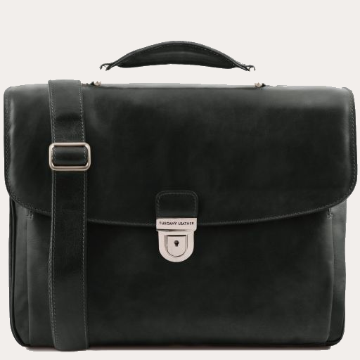 Tuscany Leather Black Leather Multi Compartment Laptop Briefcase