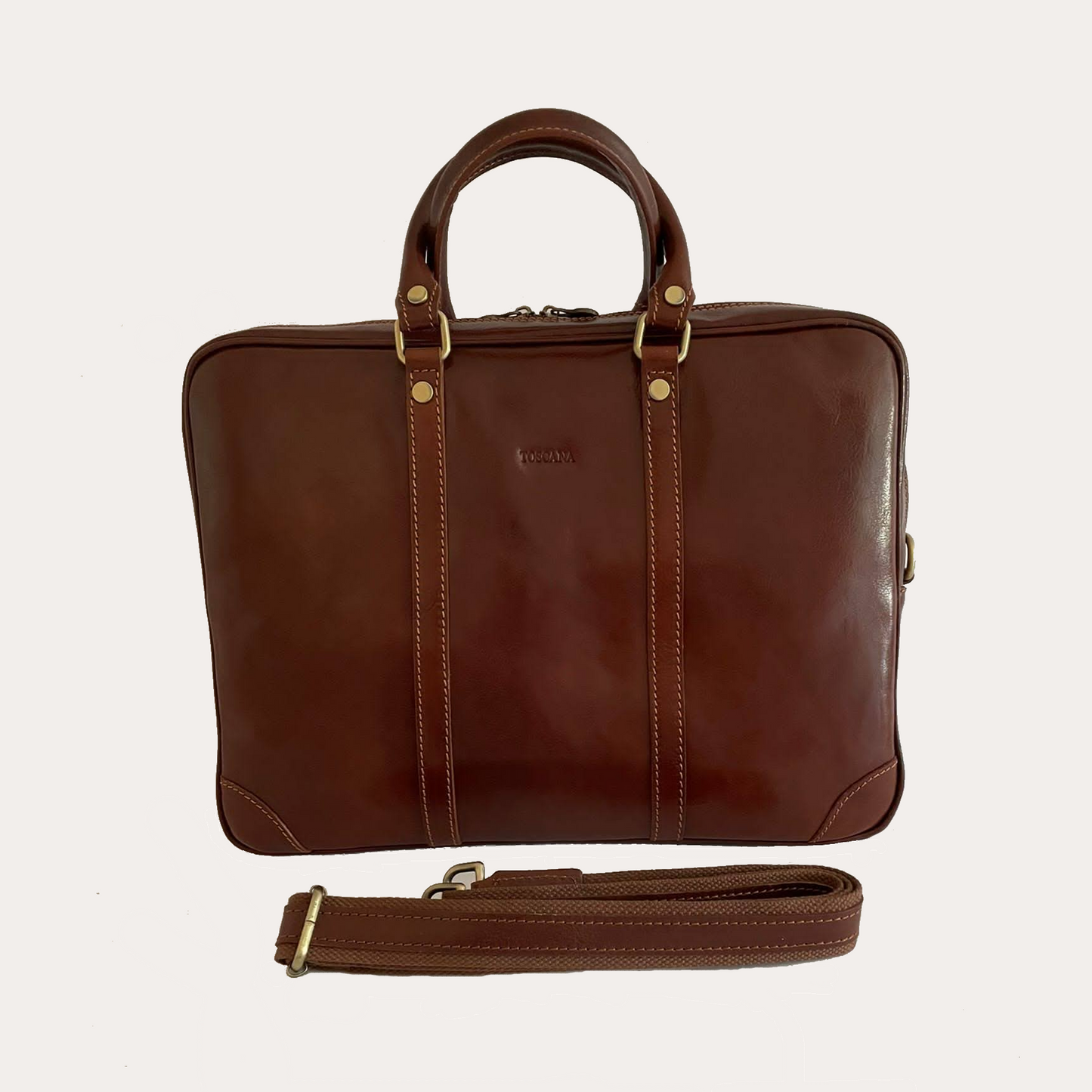 Brown Vegetable Tanned Leather Zip Top Briefcase
