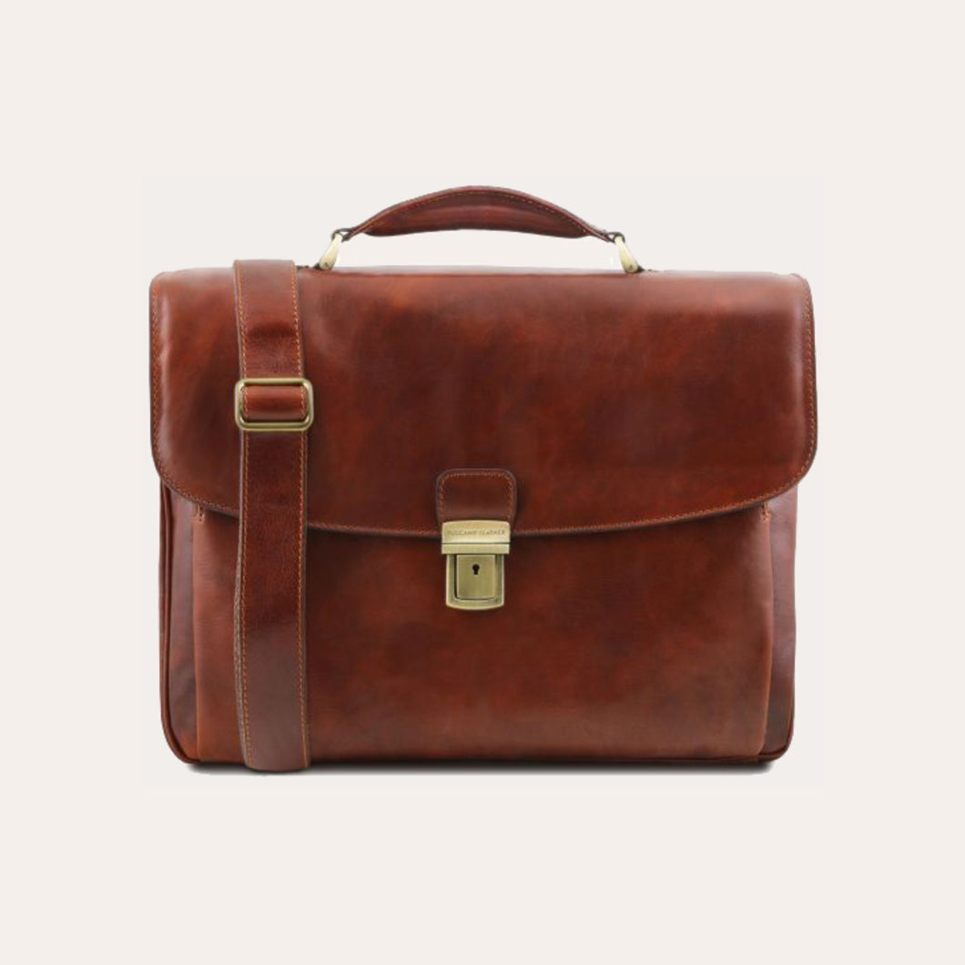 Tuscany Leather Brown Leather Multi Compartment Laptop Briefcase