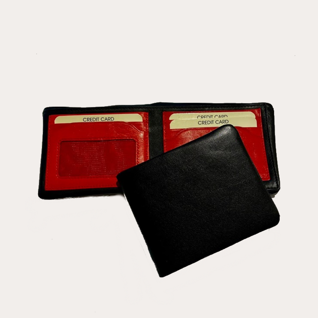 Black/Red Leather Wallet-4 Credit Card/ Sections