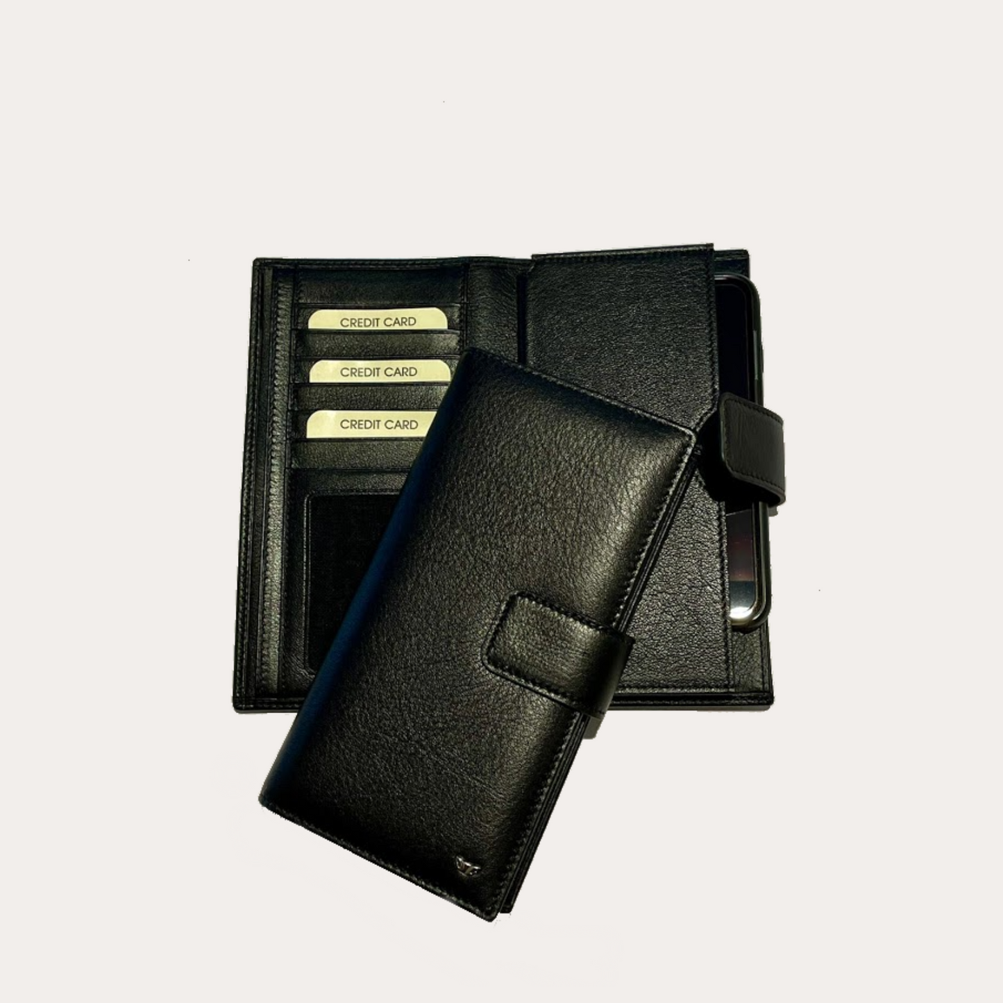 Black Leather Wallet with Phone Pocket-6 Credit Card Sections