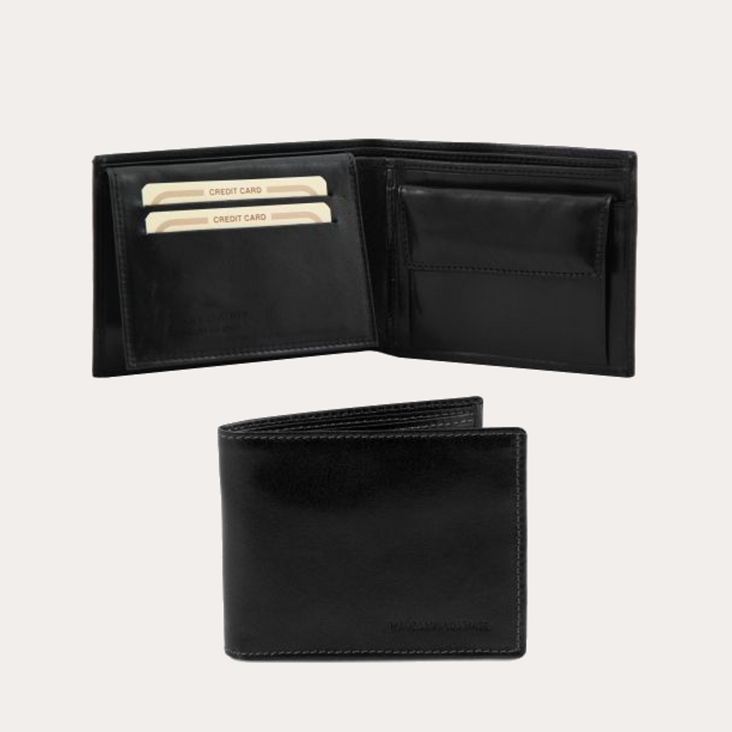Tuscany Leather Black 2 Fold Leather Wallet with Coin Pocket