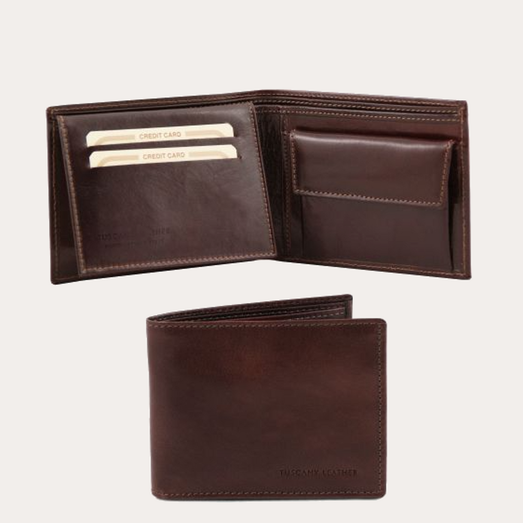 Tuscany Leather Dark Brown 2 Fold Leather Wallet with Coin Pocket